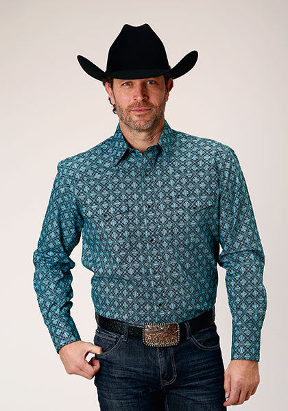Roper Men's Amarillo Collection- Lattice Medallion Print Long Sleeve Western Shirt