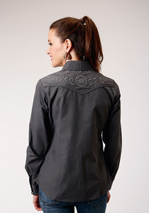 Women's Long Sleeve Shirt w/Piping and Front Yoke Embroidery