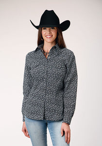 Women's Long Sleeve Black/Floral Print Western Shirt