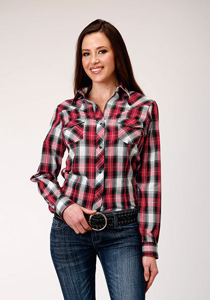 Women's Long Sleeve Plaid Western Shirt - Red/Black/Grey