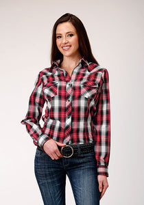 Women's Long Sleeve Plaid Western Shirt - Red/Black/Grey