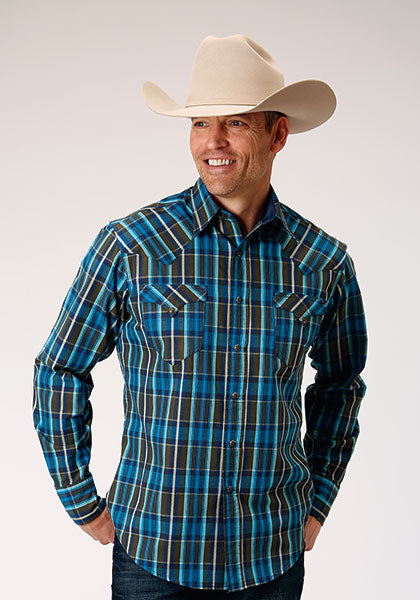 Men's West Made Collection Performance Blue/Black Plaid Long Sleeve Western Shirt