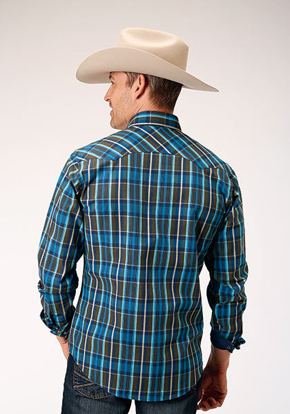 Men's West Made Collection Performance Blue/Black Plaid Long Sleeve Western Shirt