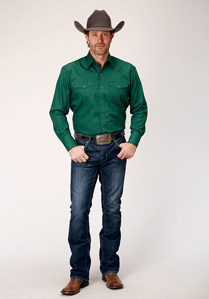 Roper Men's Amarillo Collection- Green Print Long Sleeve Western Shirt