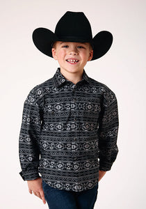 Boy's West Made Collection Aztec Print Long Sleeve Snap Western Shirt - Black