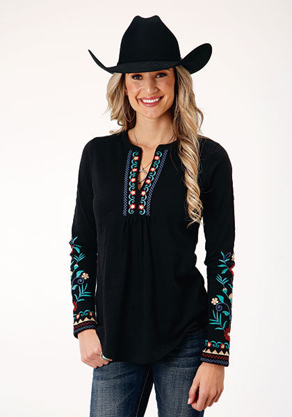 Women's Long Sleeve Embroidery Jersey T-Shirt - Black