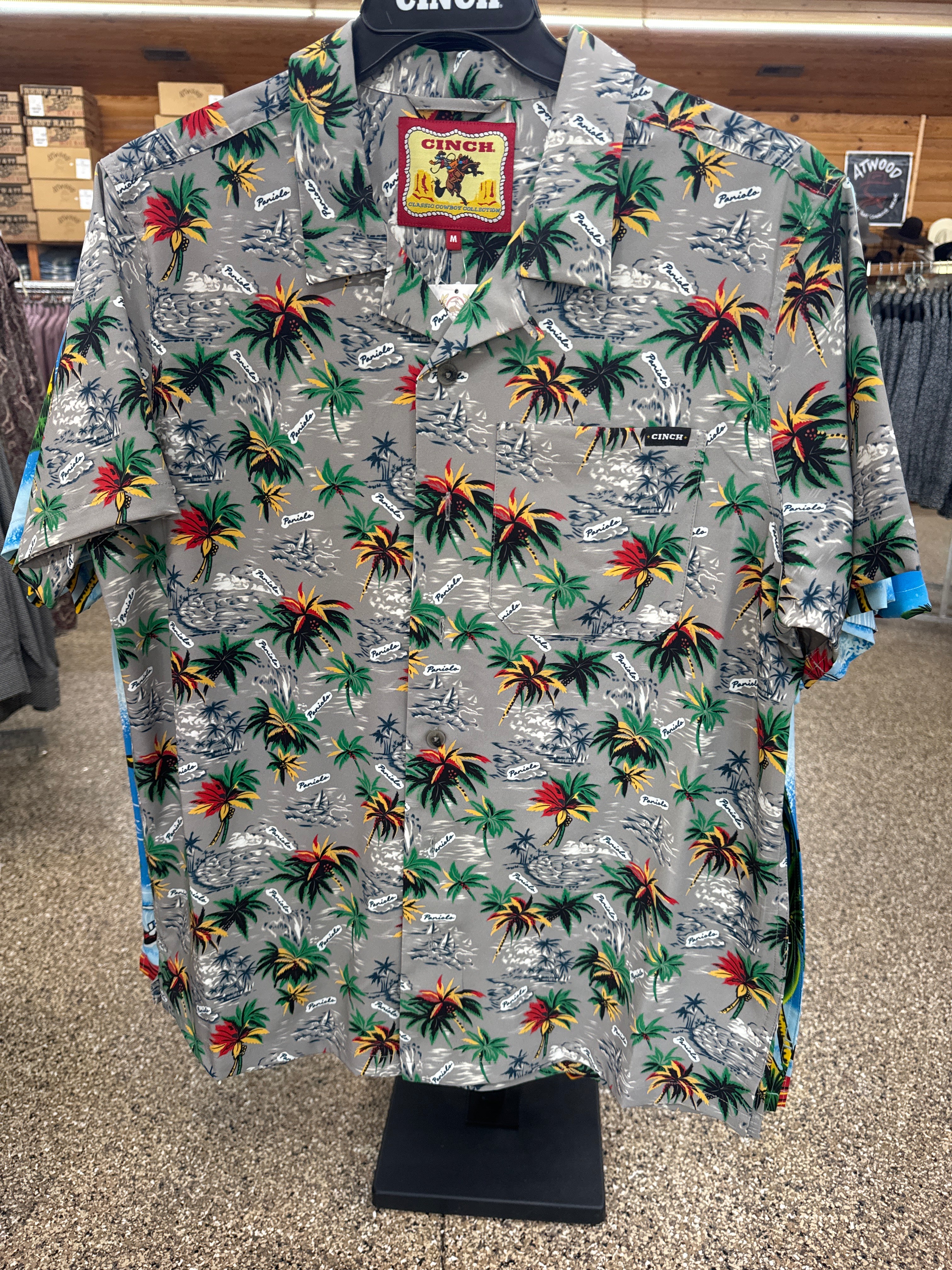 CINCH Men's Palm Trees Gray SS Camp Shirt