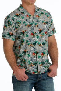 CINCH Men's Palm Trees Gray SS Camp Shirt