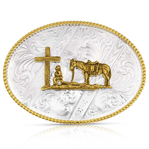 Montana Silversmith Striking Engraved Belt Buckle with Christian Cowboy