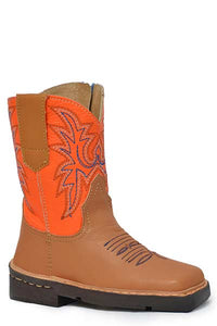 Toddler Roper Cowboy Square Toe Tan Vamp Embroidered Orange Shaft Boots - Nate's Western Wear