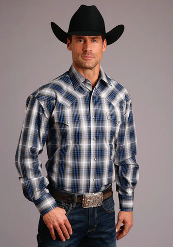 Stetson Men's Blue and Grey Plaid Ombre L/S Shirt - Nate's Western Wear