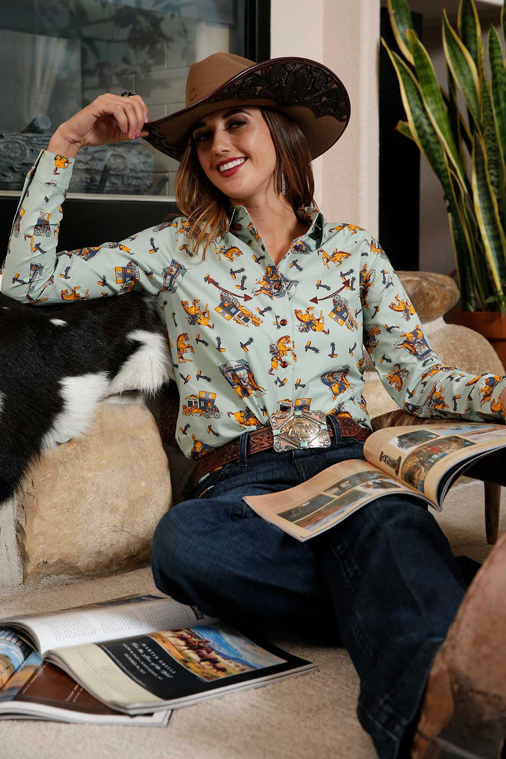 Cruel Women's Sage with Retro Cowboys and Stagecoach Print LS Western Shirt - Nate's Western Wear