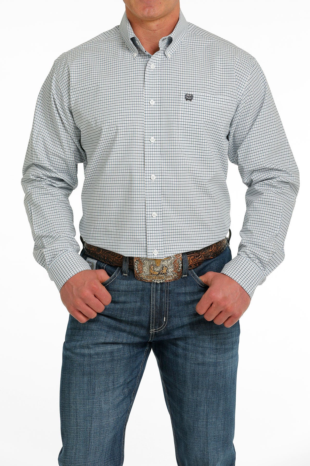 CINCH Men's Classic Fit Long Sleeve Cream Plaid Button Down Western Shirt - MTW1105519