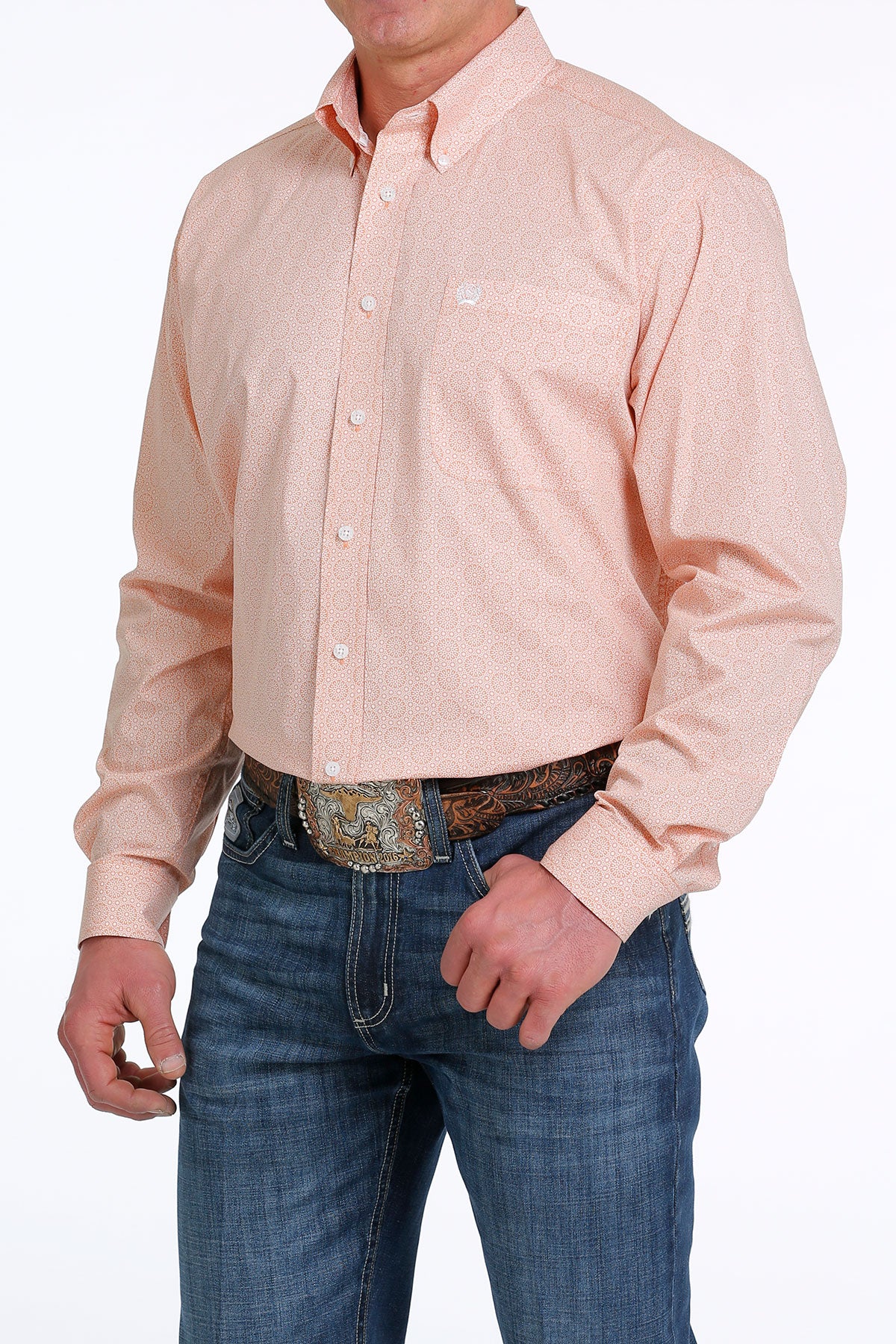 Cinch Classic Fit Men's Long Sleeve Shirt Orange Print