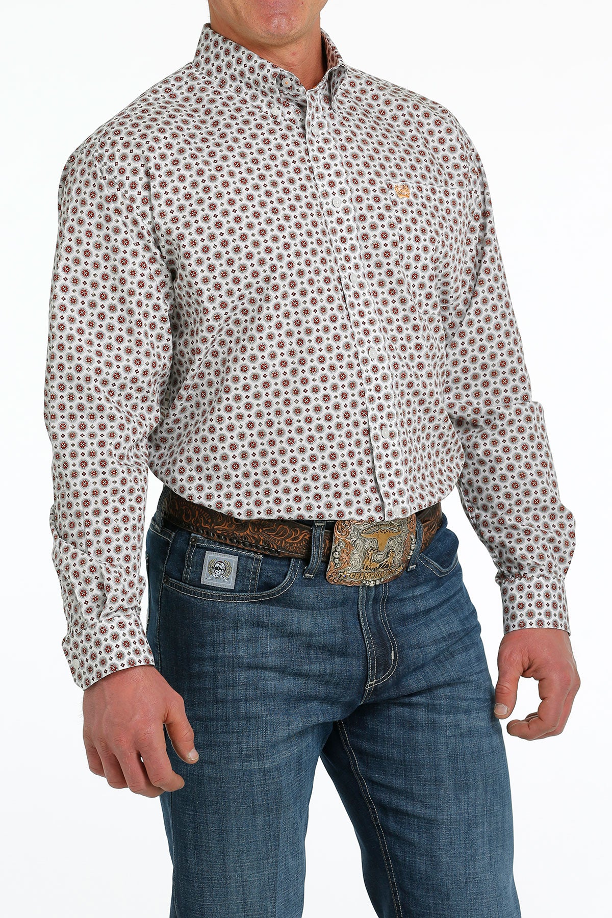 Cinch Classic Men's LS Shirt White/Red Print