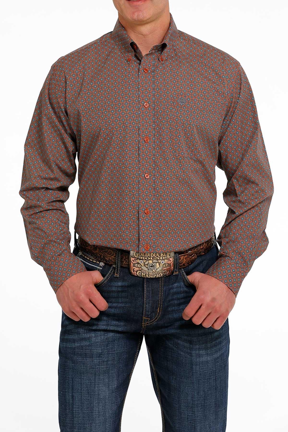 Cinch Men's Medallion Print Button-Down Western Shirt - Orange / Teal - MTW1105503